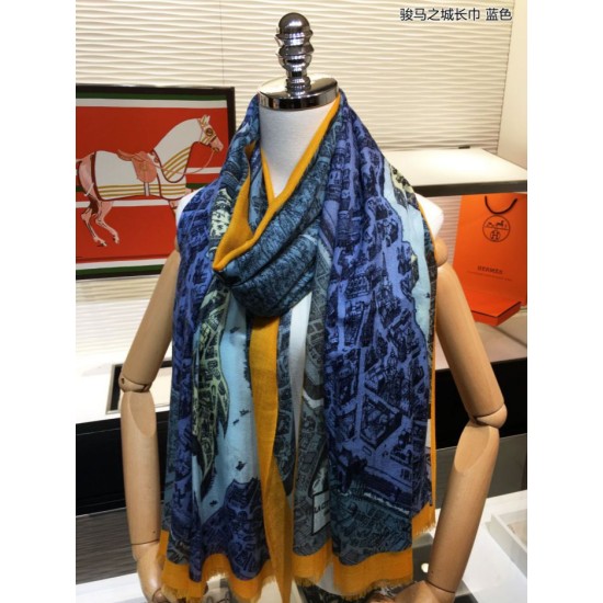 Replica Hermes City of Horses Cashmere Scarf 110 x 200 Blue