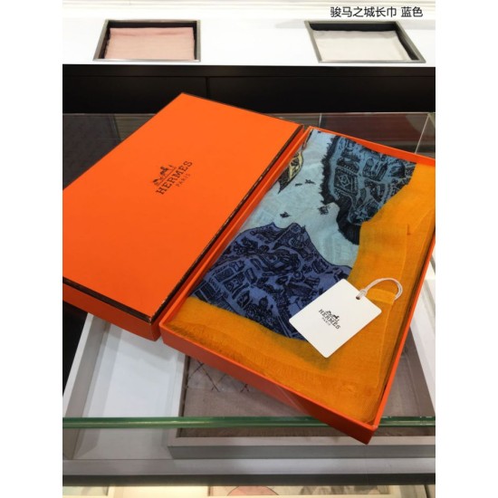 Replica Hermes City of Horses Cashmere Scarf 110 x 200 Blue