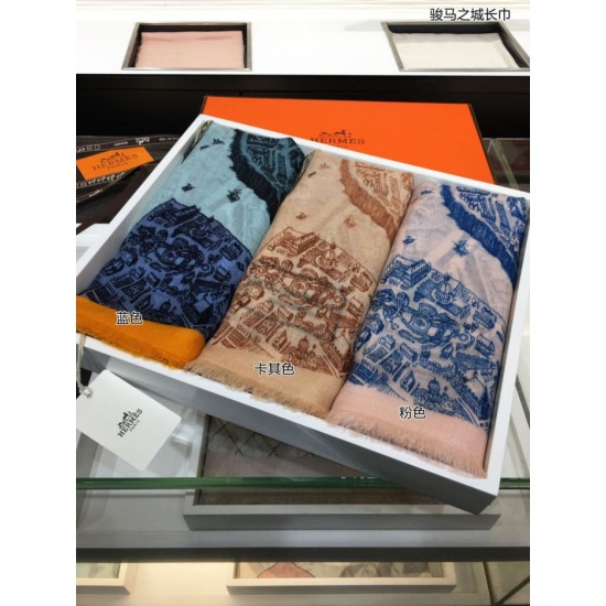 Replica Hermes City of Horses Cashmere Scarf 110 x 200 Blue