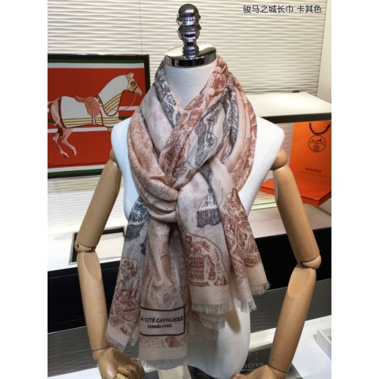 Replica Hermes City of Horses Cashmere Scarf 110 x 200 Khaki