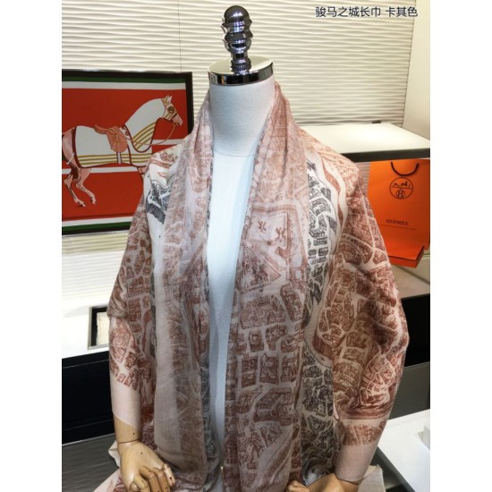 Replica Hermes City of Horses Cashmere Scarf 110 x 200 Khaki