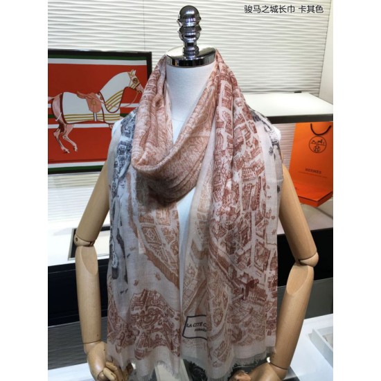 Replica Hermes City of Horses Cashmere Scarf 110 x 200 Khaki