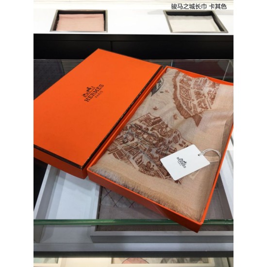 Replica Hermes City of Horses Cashmere Scarf 110 x 200 Khaki