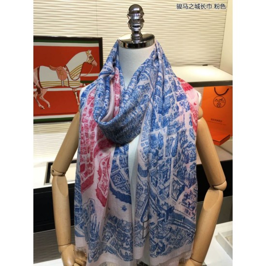 Replica Hermes City of Horses Cashmere Scarf 110 x 200 Pink