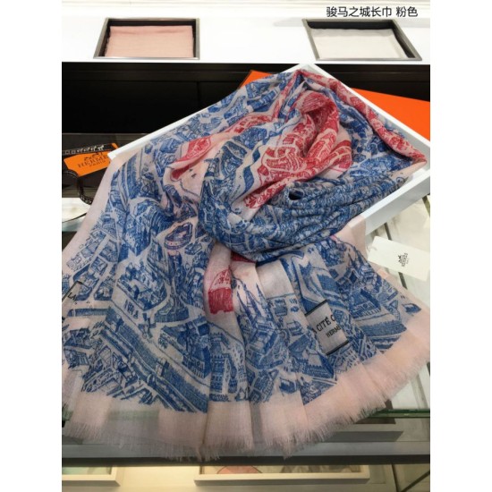 Replica Hermes City of Horses Cashmere Scarf 110 x 200 Pink