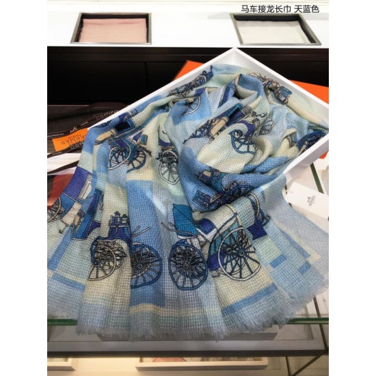Fake Hermes Carriage Solitaire Cashmere Shawl 110 x 200 Sky Blue Replica