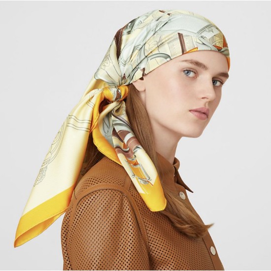 Replica Hermes Leap over Cavalcado Silk Square Scarf 90cm Yellow