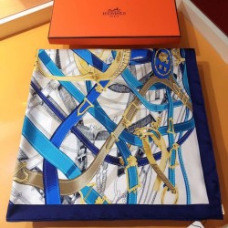 Fake Hermes Leap over Cavalcado Silk Square Scarf 90cm Blue Replica