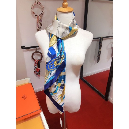 Fake Hermes Leap over Cavalcado Silk Square Scarf 90cm Blue Replica