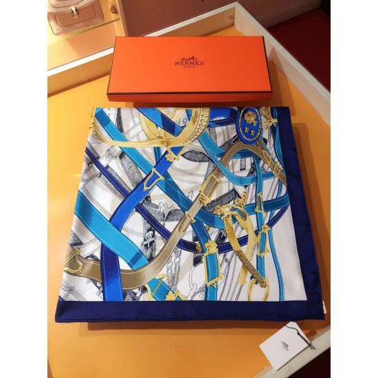 Fake Hermes Leap over Cavalcado Silk Square Scarf 90cm Blue Replica