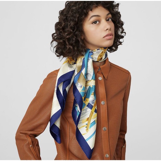 Fake Hermes Leap over Cavalcado Silk Square Scarf 90cm Blue Replica